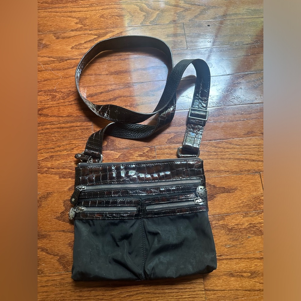 Brighton Black Crossbody with Dark Brown Croc-Embossed Trim